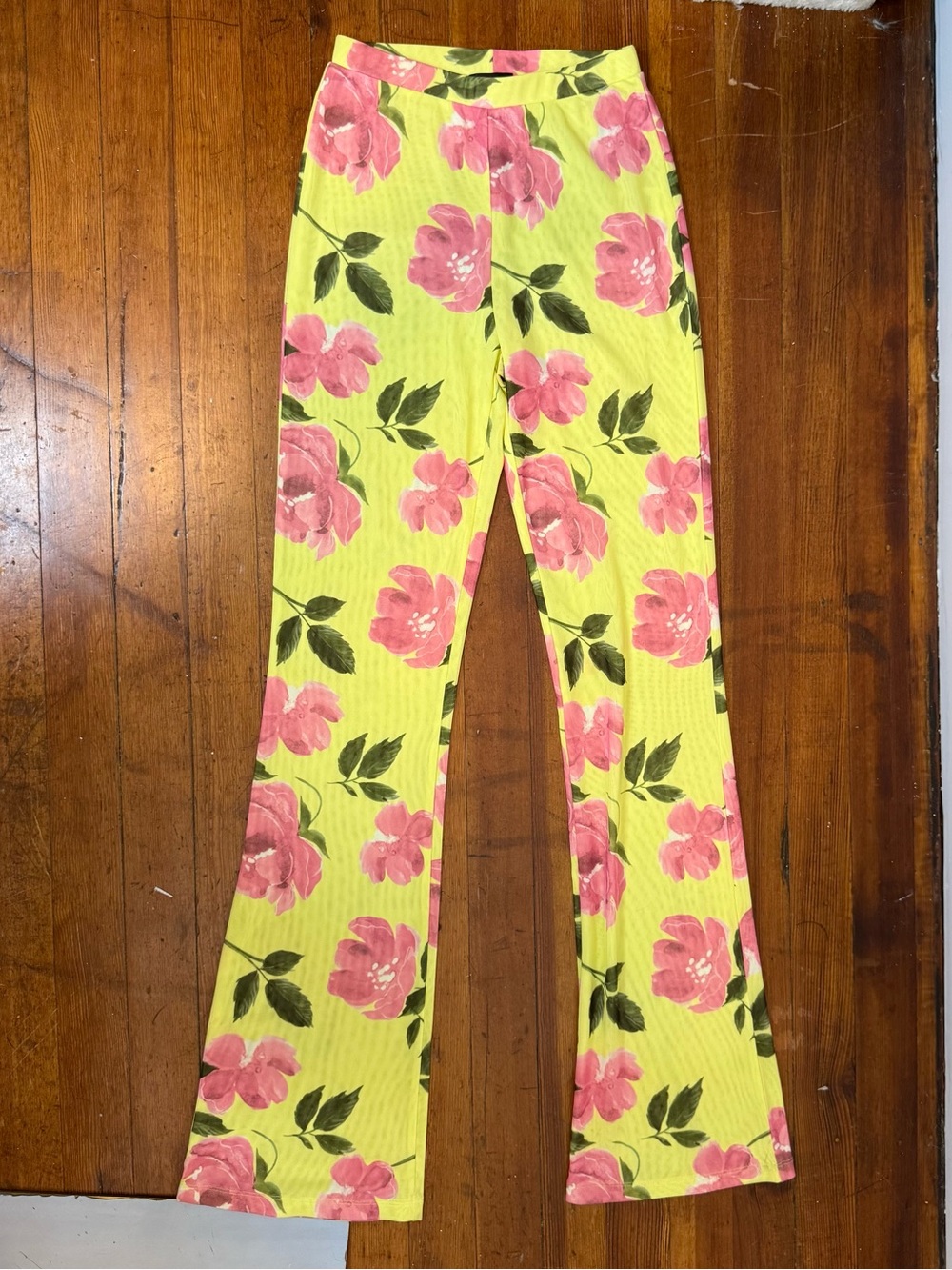 White Fox Boutique Yellow Straight-Leg Pants with Pink Floral Print